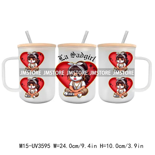 Cartoon Chicano Girls Rose UV DTF Glass Can Wrap For 15OZ Mug Coffee Cup Transfer Sticker DIY Custom Logo Labels Mexican Culture