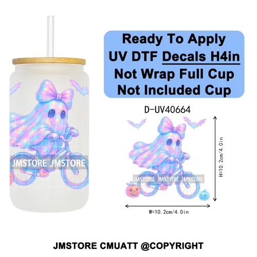 Iridescent Ghost Pumpkin Coquette Halloween UV DTF Transfer Stickers Decals Ready To Apply Waterproof For 16OZ Libbey Glass Can