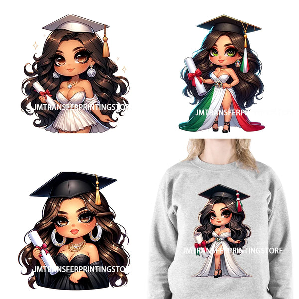 Cool Pretty Chibi Latina College Graduation Girls Educated Diploma Iron On DTF Transfer Stickers Ready To Press For T-shirts