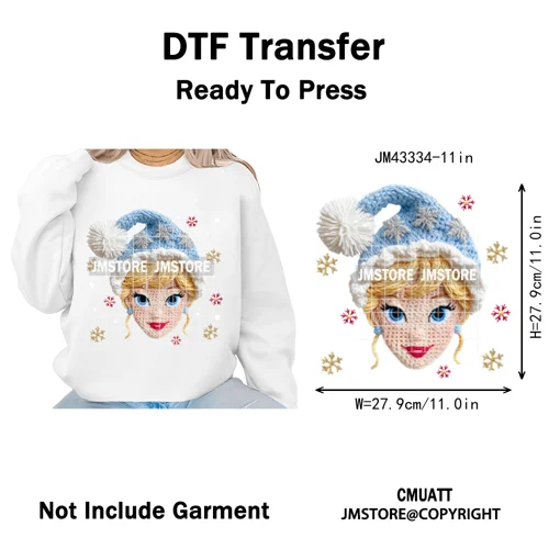 Cute Faux Knitting Yarn Princess Cartoon Character Christmas Holiday Iron on DTF Transfers Stickers Ready to Press for Hoodies