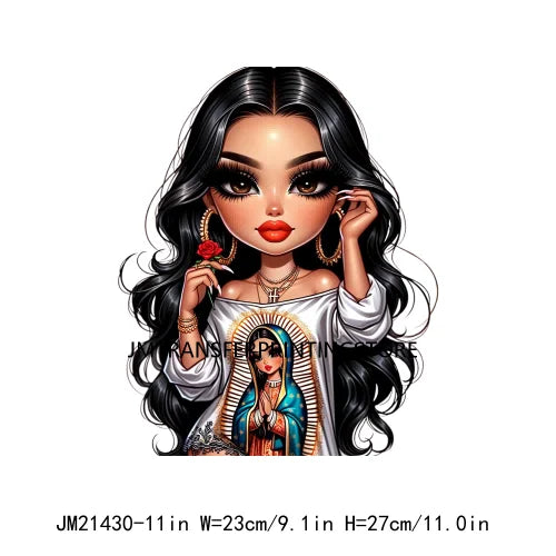 Chibi Cute Chicana Doll Guadalupe Lady Skull Latina Woman Cold Peel Decals Iron On DTF Transfers Stickers For Shirts Bags Pillow