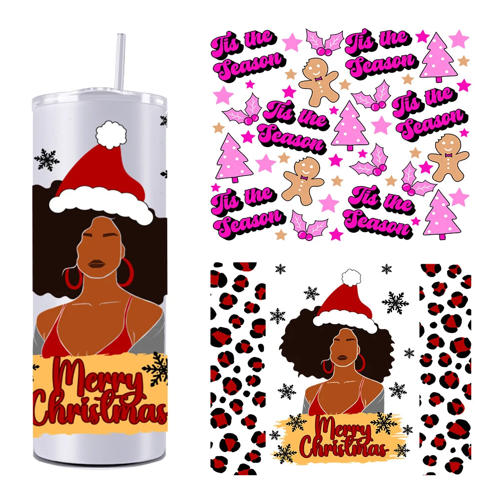 Christmas Season Afro Girls 20OZ UV DTF Straight Wrap Transfers Stickers Custom Labels DIY Durable Waterproof Logo For Tumbler