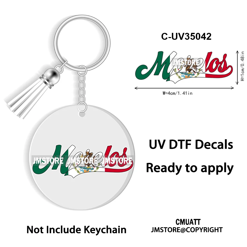 Mexico State Names Mexican Flag In Letters High Quality WaterProof UV DTF Stickers For Round Circle Acrylic Keychain Key Ring