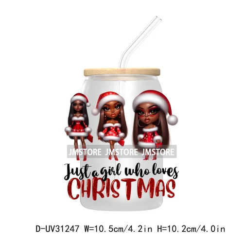 Afro Woman Nails Hip Pop Santa UV DTF Transfer Stickers Decals For Libbey Cold Cups Mugs Tumbler Just A Girl Who Loves Christmas