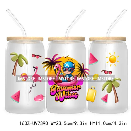 Summer Vibes 16OZ UV DTF Cup Wrap Transfers Stickers For Libbey Glass Can Cups Tumbler Waterproof Labels Cartoon Beach Vacation