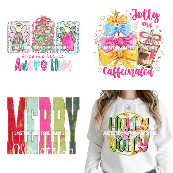 Funny Christmas Tree Coquette Holly Jolly Merry and Bright Festive Lover Iron on DTF Transfer Sticker Ready to Press for Hoodies