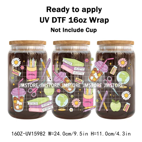 Coffee Coquette Bookish School Girly UV DTF Wraps Transfer Sticker Waterproof High Quality For 16OZ Libbey Glass Can Tumbler Mug