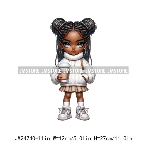 Dreadlocks Coffee Chibi Black Girls Pink Fashion African American Denim Girl Iron On DTF Heat Press Transfer Stickers For Shirts