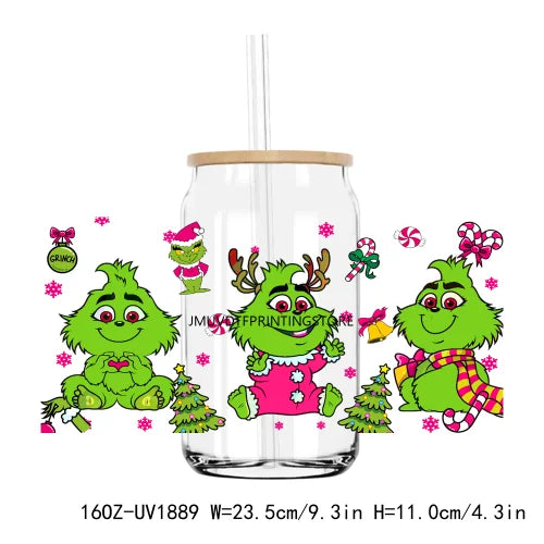 Christmas Santa Green Baby 16OZ UV DTF Cup Wrap Transfer Stickers Custom Labels DIY Durable Waterproof Logo For Libbey Glass Can