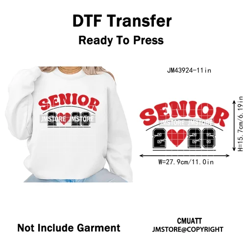 College Mega Senior 2K26 Coquette Class of 2026 Iron on Washable DTF Heat Transfers Stickers Ready to Press for Textiles Bags