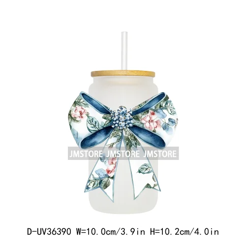 Blue Chinoiserie Coquette Bow UV Sticker Decals For Libbey Cold Cups Mug Tumbler Transfer Stickers Waterproof Top Quality Prints