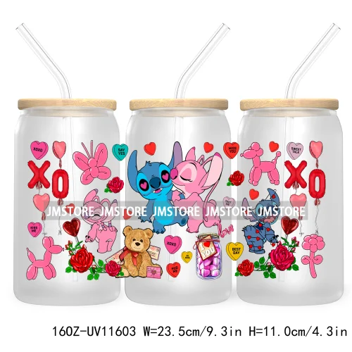 Happy Valentine's Day Cartoon Mouse Couple 16OZ UV Cup Wrap DTF Transfer Sticker For Libbey Glass Can Cups Tumbler XOXO Love Bug