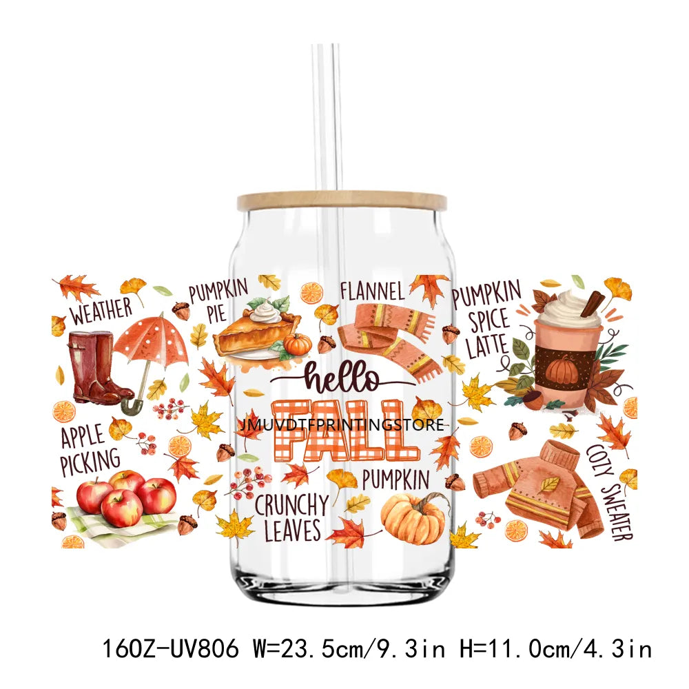 Fall Season Autumn Pumpkin 16OZ UV DTF Cup Wrap Transfers Stickers DIY Durable Waterproof Logo For Libbey Glass Can