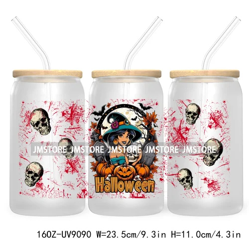 Spooky Halloween Princess 16OZ UV Cup Wrap DTF Transfer Sticker For Libbey Glass Can Cup Tumbler Waterproof Label Trick or Treat