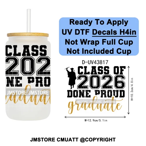 Fresh Class Of 2026 Senior Edition UV DTF Decals Ready To Apply Waterproof Transfer Stickers DIY Craft For 16OZ Libbey Glass Can