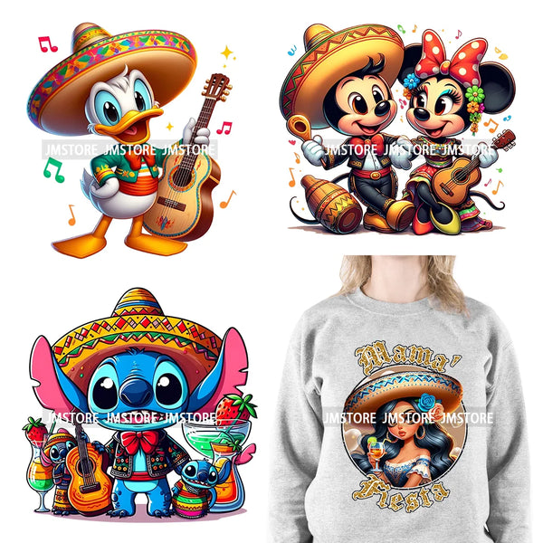 Cartoon Mouse Blue Monster Character Friends Cinco De Mayo Mexican Squad Mama Fiesta Iron On DTF Transfer Stickers For Hoodies