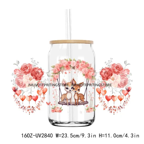 Valentines Teddy Bear With Red Roses UV DTF Sticker For 16OZ Libbey Glass Cup Can Wrap Transfer Sticker Custom Labels DIY Logo