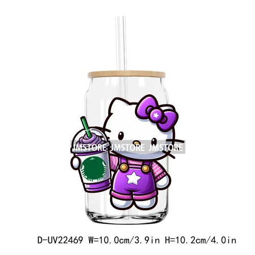 Colorful Cartoon Hello Cat With Coffee Cup UV DTF Transfer Stickers Decals For Libbey Cold Cups Mug Tumbler Waterproof DIY Craft