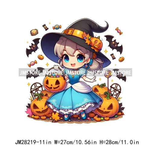 Washable Chibi Spooky Princess Pumpkin Halloween Trick Or Treat Witch Iron On DTF Transfers Stickers Ready To Press For Hoodies