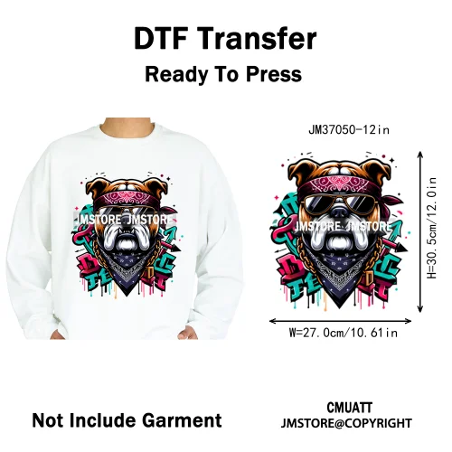 12in Streetwear Vibes Rich Cool Cartoon Bulldog King Designs Washable Iron on DTF Transfers Stickers Ready to Press for Clothes