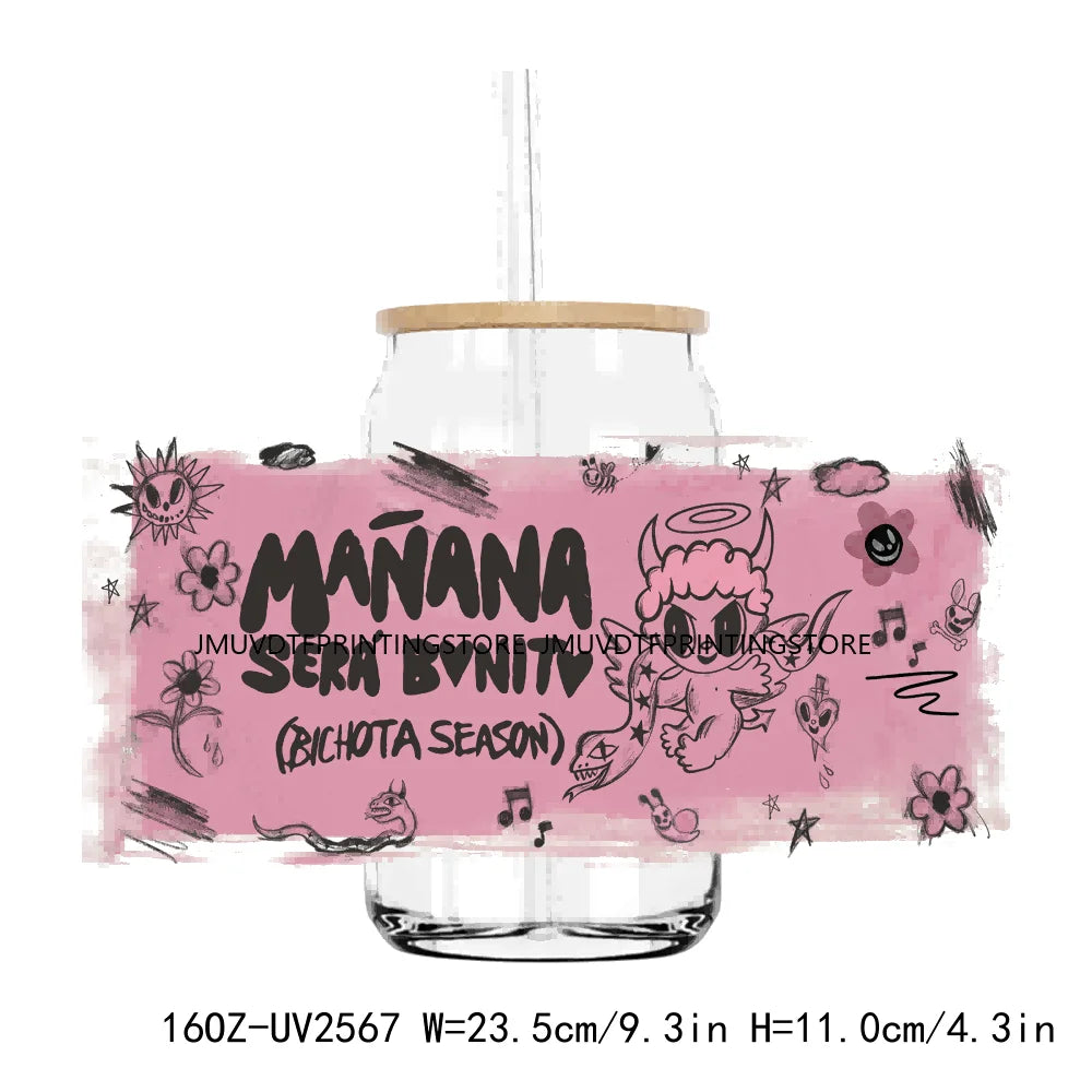 Pink Manana Sera Bonito UV DTF Sticker For 16OZ Libbey Glass Cup Can Wrap Transfer Sticker Custom Labels DIY Logo Bichota Season