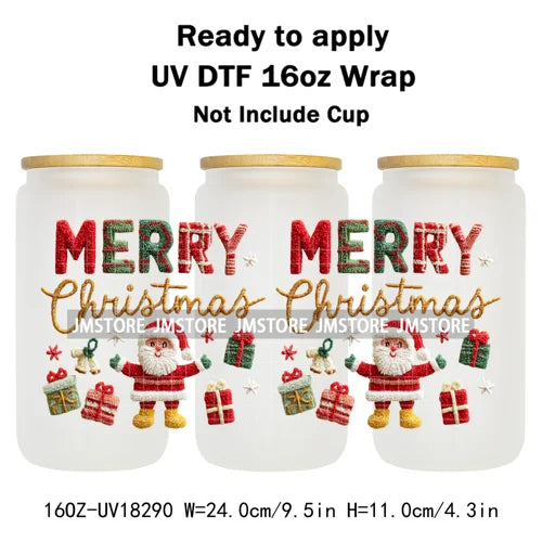 Faux Yarn Christmas Reindeer UV DTF Cup Wrap Ready To Apply Transfer Stickers Durable 16OZ Tumbler Wraps For Libbey Glass Can