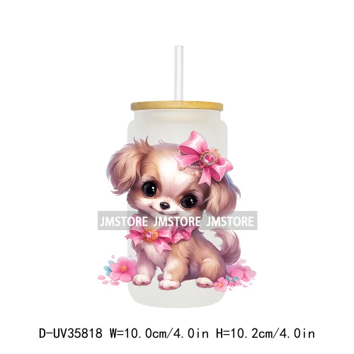 Cute Puppy Coquette Bow Baby Dog UV DTF Transfer Stickers Decals Ready To Apply Waterproof For 16OZ Libbey Glass Can Cup Tumbler