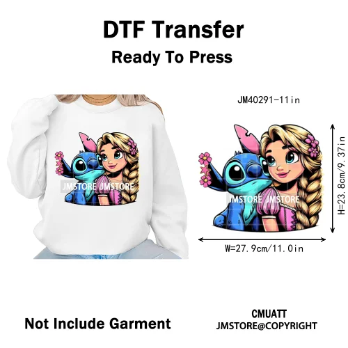 Cute Cartoon Blue Animal Princess Best Friends Designs Iron on DTF Washable Transfers Stickers Ready to Press for Clothing Bags
