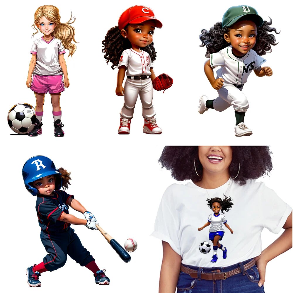 Afro Cut Sport Girl Football Baseball Sticker Heat Press American Afro Sport Kids DTF Transfers For Bags Hoodies