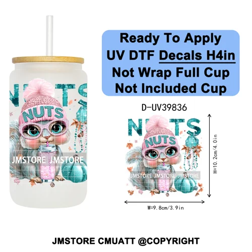 Girly Halloween Ghost Pumpkin Coffee Lover UV DTF Transfer Stickers Decals Ready To Apply Waterproof For 16OZ Libbey Glass Can