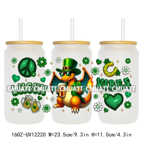 Cartoon Princess Girls St Patricks' Day Lucky Vibes 16OZ UV DTF Cup Transfer Wrap Sticker Waterproof Logos For Libbey Glass Can