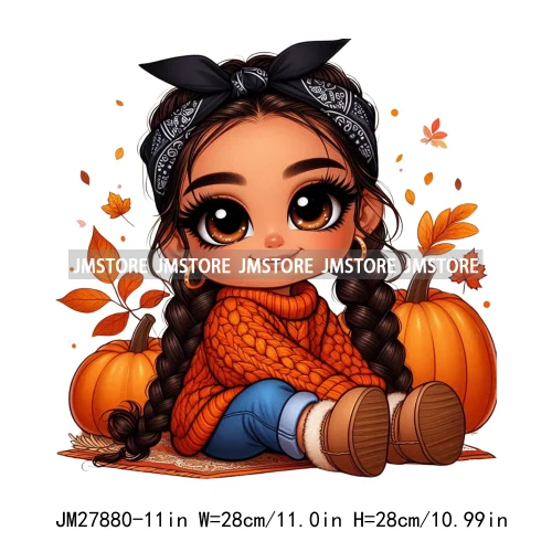 Cute Autumn Pumpkins Fall Vibes Laina Baby Hispanic Chibi Girls Logos DTF Iron On Transfer Stickers Ready To Press For T-shirts