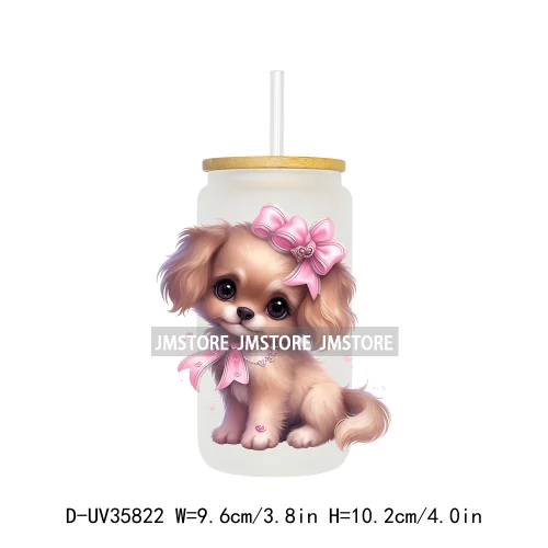 Cute Puppy Coquette Bow Baby Dog UV DTF Transfer Stickers Decals Ready To Apply Waterproof For 16OZ Libbey Glass Can Cup Tumbler