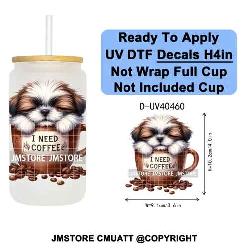 Puppy Coffee Dog Cartoon Pet Lover UV DTF Decals Ready To Apply Waterproof Transfer Stickers For 16OZ Libbey Glass Can Tumbler