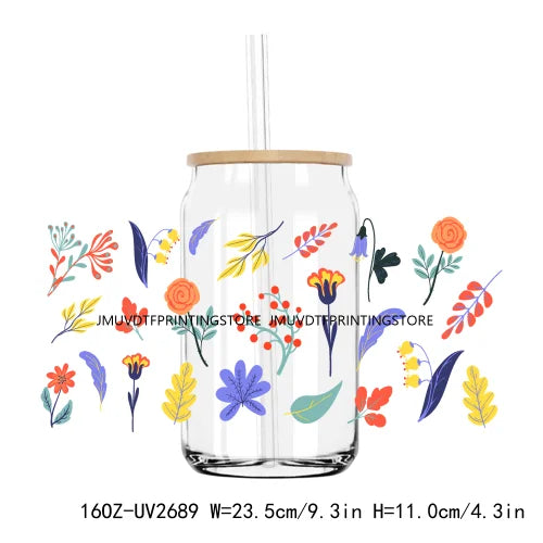 Colorful Wild Floral Flowers 16OZ UV DTF Cup Wrap Transfers Stickers Custom Labels DIY Waterproof Logo For Libbey Glass Can