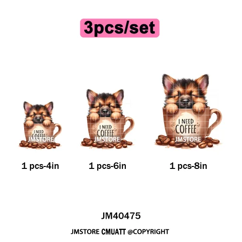 Funny Cartoon Pet Puppy Small Sleeping Cozy Coffee Dogs Lover Iron on DTF Washable Transfers Sticker Ready to Press for Clothing