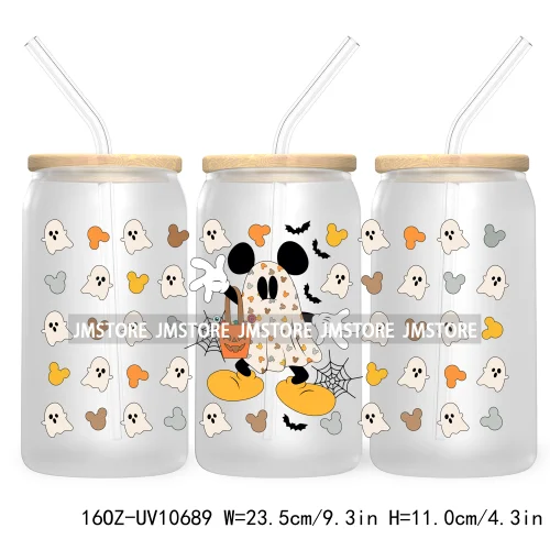 Fall Pumpkin Halloween Season 16OZ UV Cup Wrap DTF Transfer Stickers For Libbey Glass Can Cups Tumbler Cute Cartoon Mouse Ghost