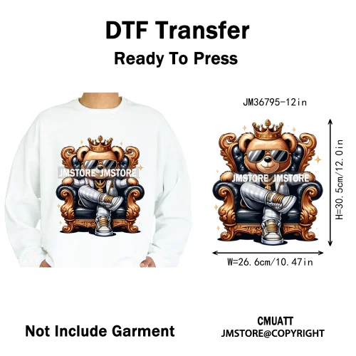 12in Cartoon Gangster Hip Hop Streetwear Teddy Bear Lover Designs Iron on DTF Heat Transfers Stickers Ready to Press for Hoodies