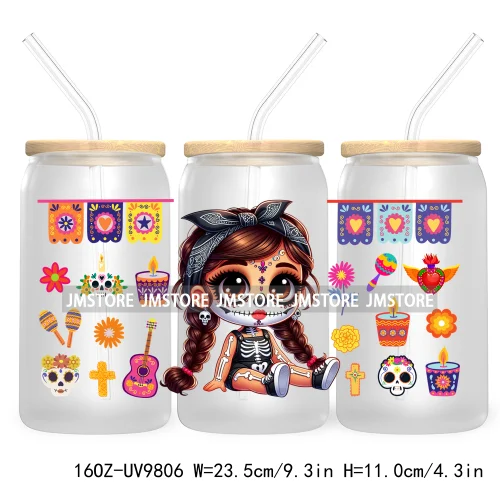 Day Of The Dead 16OZ UV DTF Cup Wrap Transfer Stickers Hispanic Chibi Baby Girl Custom Labels Waterproof For Libbey Glass Can