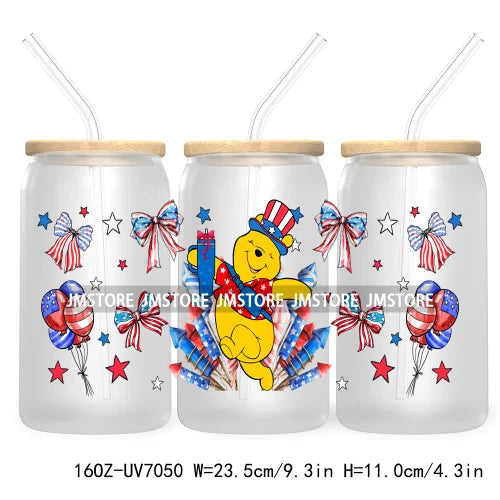 Happy 4TH Of July Cartoon Bear Friends 16OZ UV DTF Cup Wrap Transfer Stickers For Libbey Glass Can Cups Tumbler Waterproof Craft