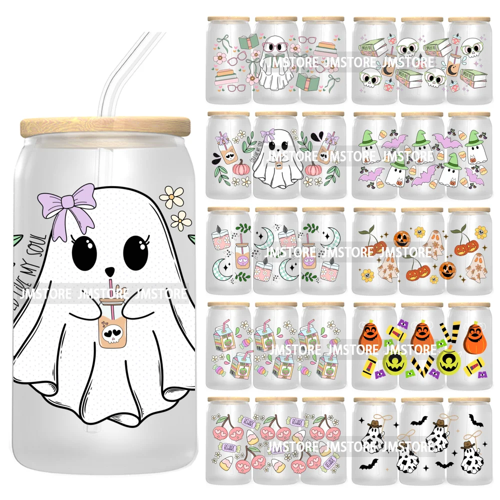 Reading Book Ghost Funny Halloween 16OZ UV DTF Cup Wrap Transfer Stickers Custom Labels Durable Waterproof For Libbey Glass Can