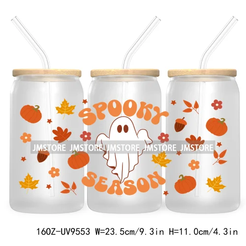 Cute Ghoul Halloween 16OZ UV Cup Wrap DTF Transfer Stickers For Libbey Glass Can Cups Tumbler Waterproof Labels Ghost Reading