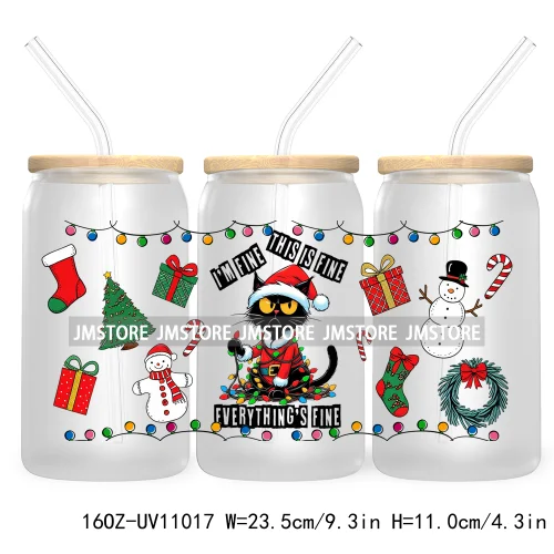 Skeleton Christmas 16OZ UV DTF Cup Wrap Transfer Stickers Durable Waterproof For Libbey Glass Can Coquette Bow Christmas Santa