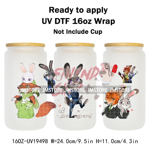 Mystery Animals City Police Rabbit And Fox Con Artist UV DTF Cup Wrap Ready To Apply Transfer Stickers For 16OZ Libbey Glass Can