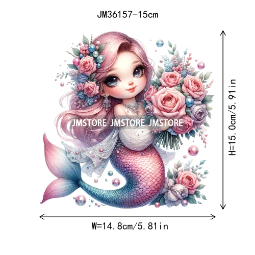 15cm 5.9in Cute Kid Flower Mermaid Iron On DTF Heat Transfer Sticker For Clothes Printed Thermal Applique Washable T-Shirt Decal