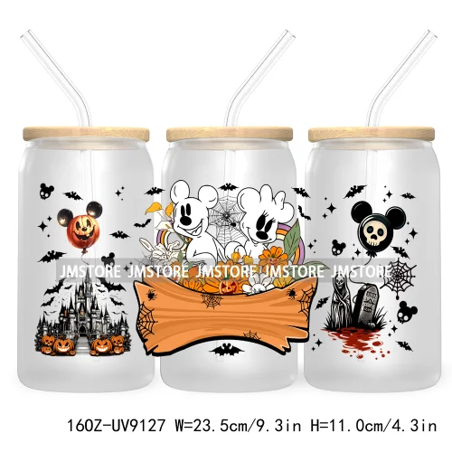 Mouse And Friends Halloween 16OZ UV DTF Cup Wrap Transfer Stickers Custom Labels Waterproof For Libbey Glass Can Magical Kingdom