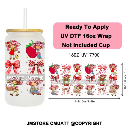 90s Cartoon Strawberry Characters Coquette Bow 16OZ UV DTF Cup Wraps Ready To Apply Transfer Stickers For Libbey Glass Can Mugs