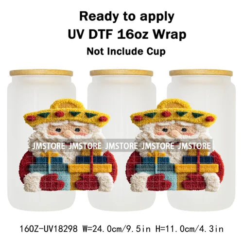 Faux Yarn Christmas Reindeer UV DTF Cup Wrap Ready To Apply Transfer Stickers Durable 16OZ Tumbler Wraps For Libbey Glass Can