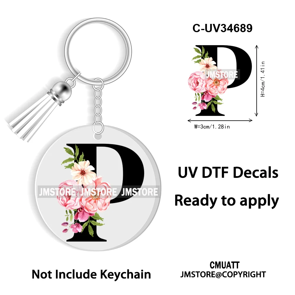 Floral Whole Entire Alphabet Flowers Black Letters Monogram WaterProof UV DTF Stickers For Round Circle Acrylic Keychain Keyring