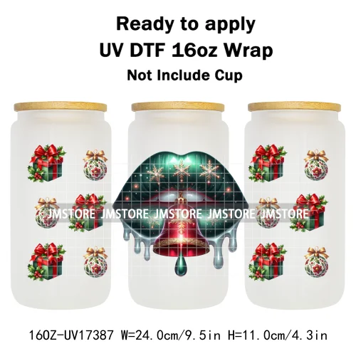 Colorful Christmas Lips Holiday Gifts Xmas Balls UV DTF Wraps Transfer Sticker Waterproof Logo For 16OZ Libbey Glass Can Tumbler